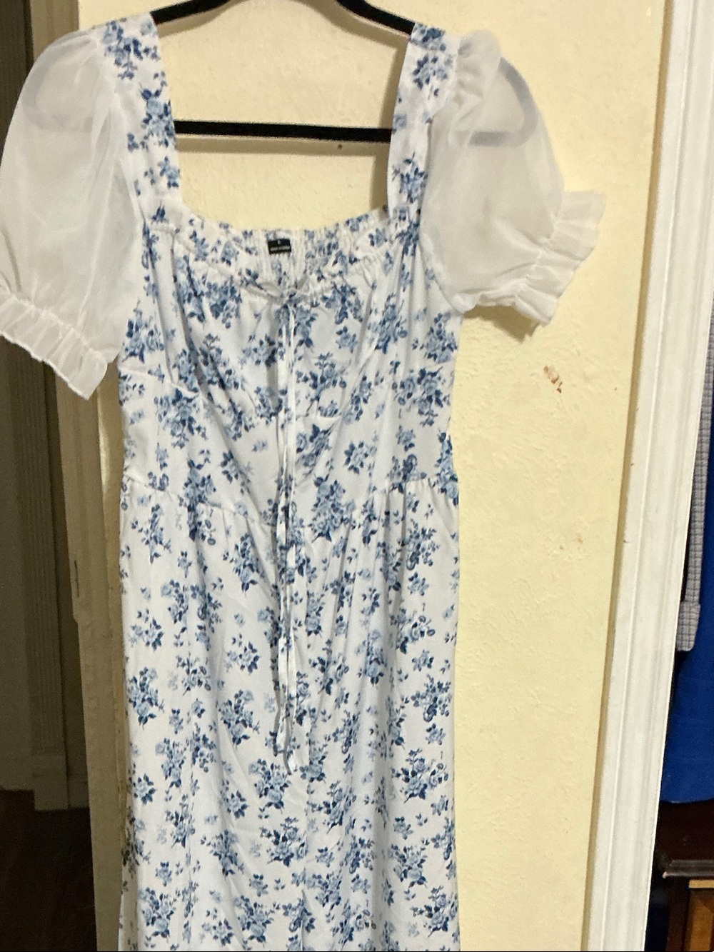 White and Blue Floral Puff Sleeve Square Neck pant suit with wide flowy legs